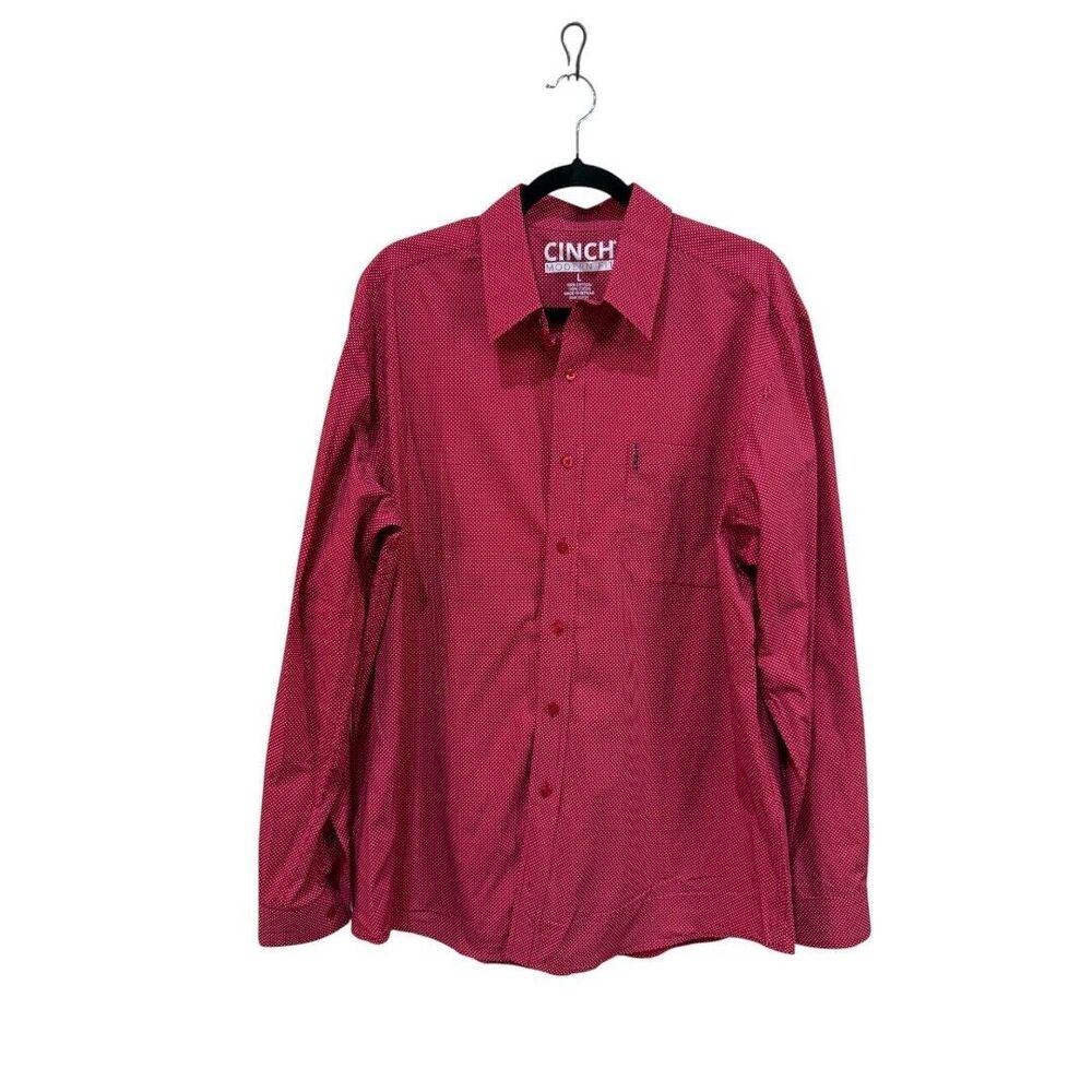 Cinch Modern Fit Button Down Shirt Dobby Weave Long Sleeve Red Large